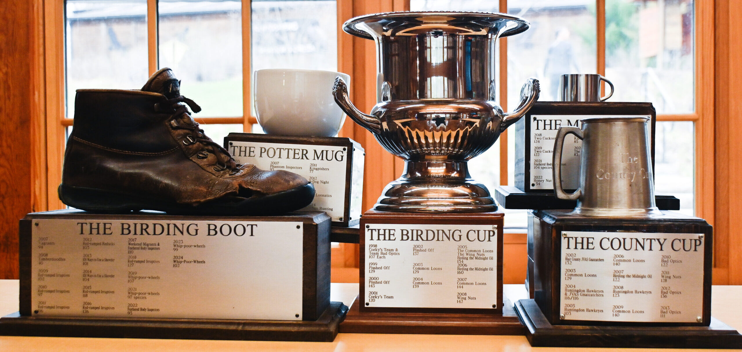Five trophies displayed in front of a window with silver engraved plaques.