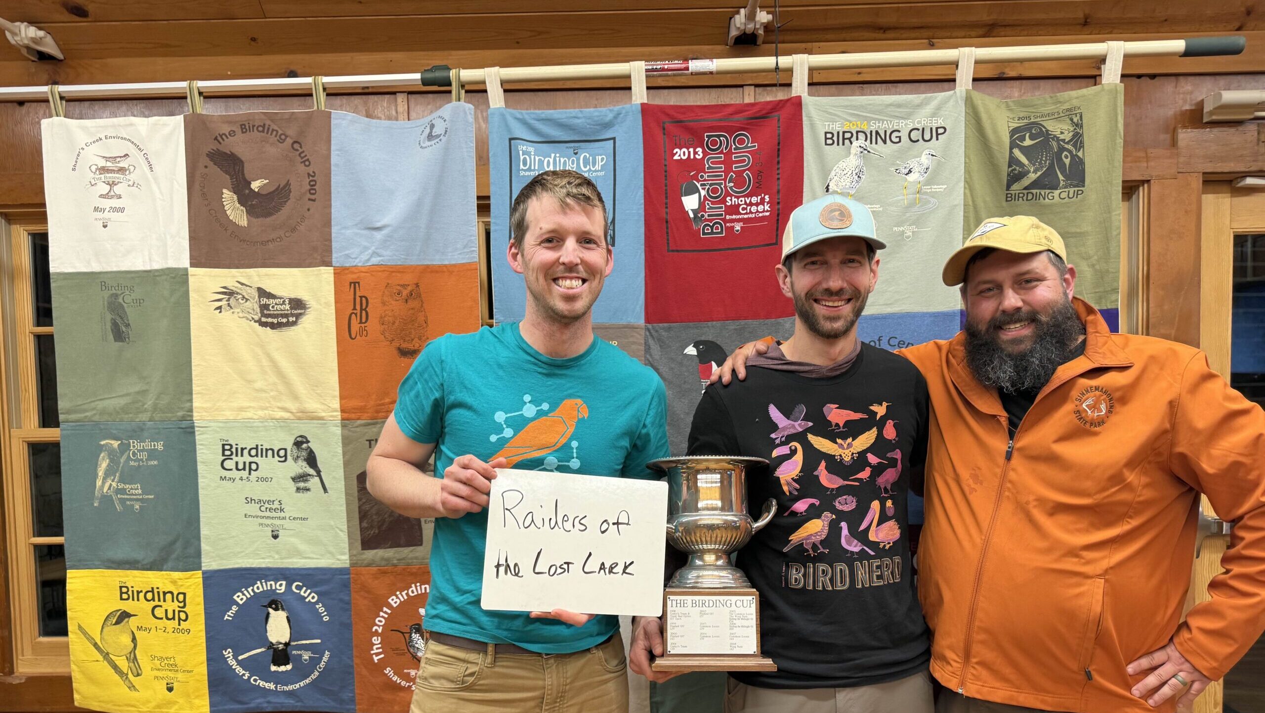 The winning Birding Cup team, Raiders of the Lost Lark, pose for a group photo at the end of the Birding Cup celebration.