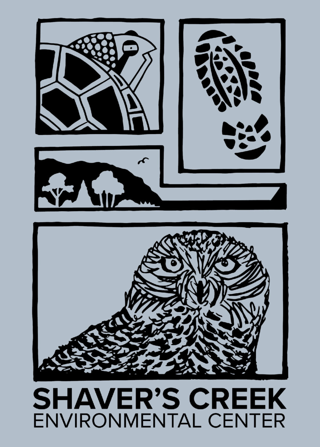A t-shirt design featuring four blocks. Each block features a nature image that relates to Shaver's Creek Environmental Center. There is a boot print, a turtle, a lake scene, and an owl.