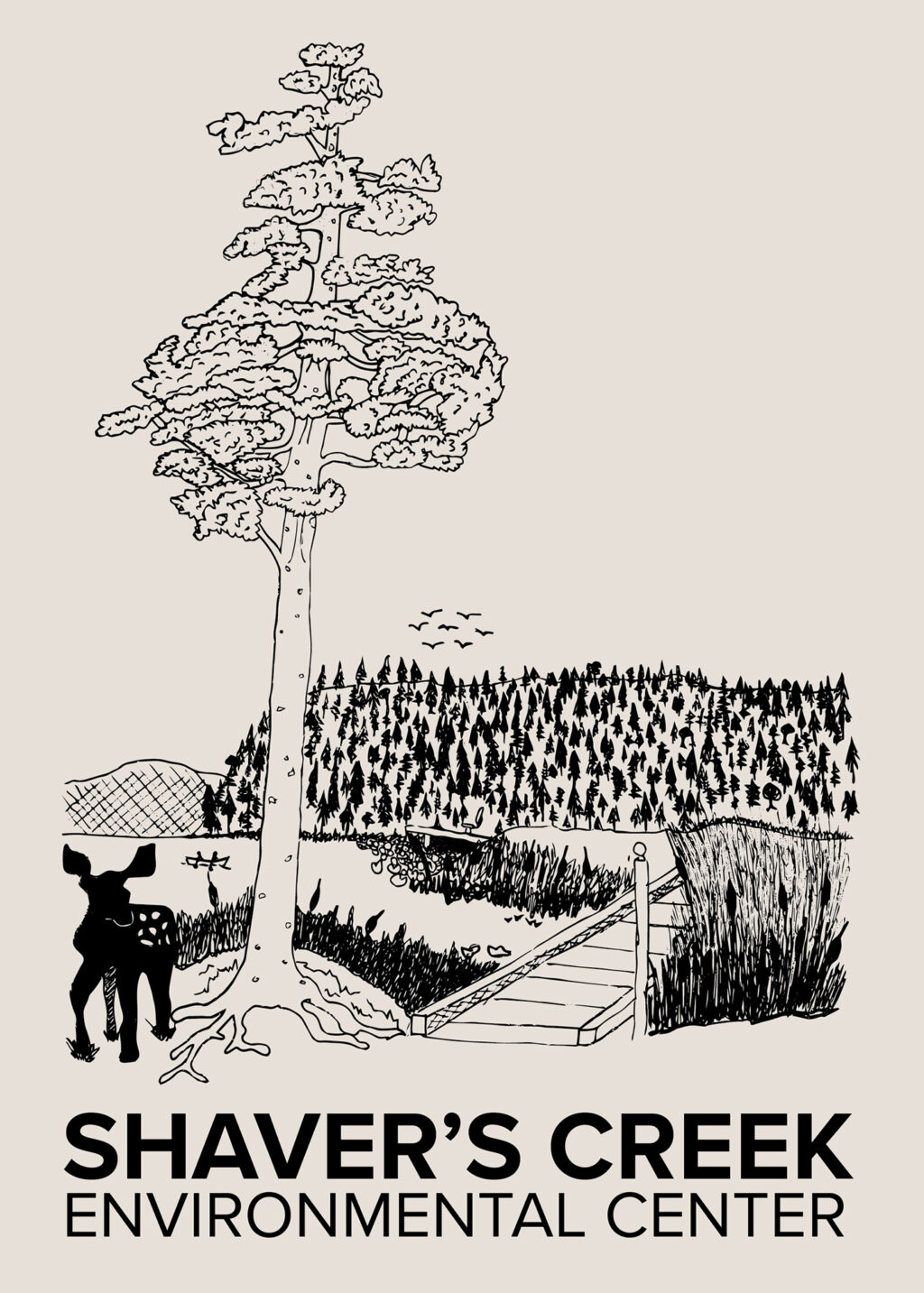 A t-shirt design that shows a boardwalk passing through a wetland with a tree and a fawn in the foreground.
