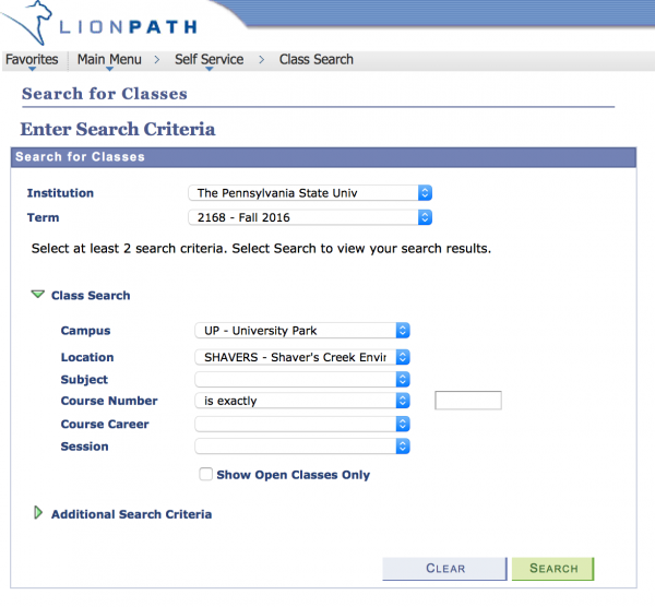Screen shot of the LionPath Search for Classes screen