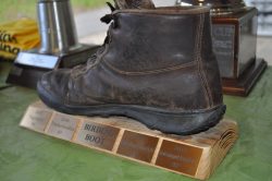 The Birding Boot award: a trophy made from a hiking boot