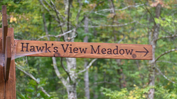 The trail sign pointing to Hawk's View Meadow