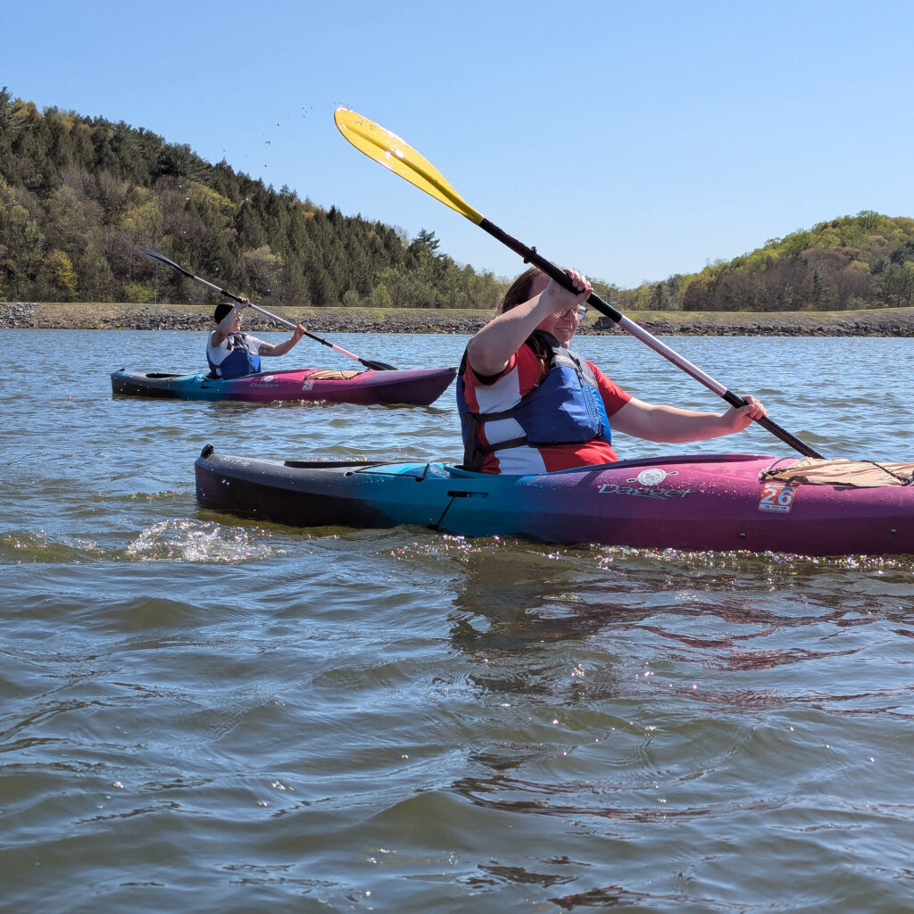 Students kayak on Lake Perez in Stone Valley