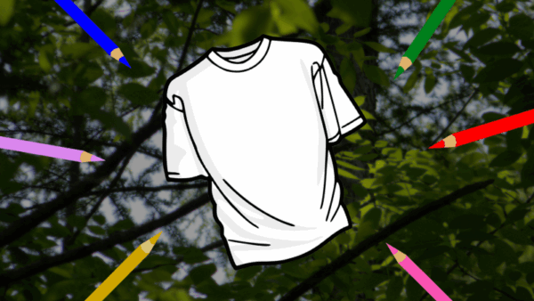 A graphic of a white t-shirt with various colored pencils pointing towards it overtop of a photograph of trees and leaves.