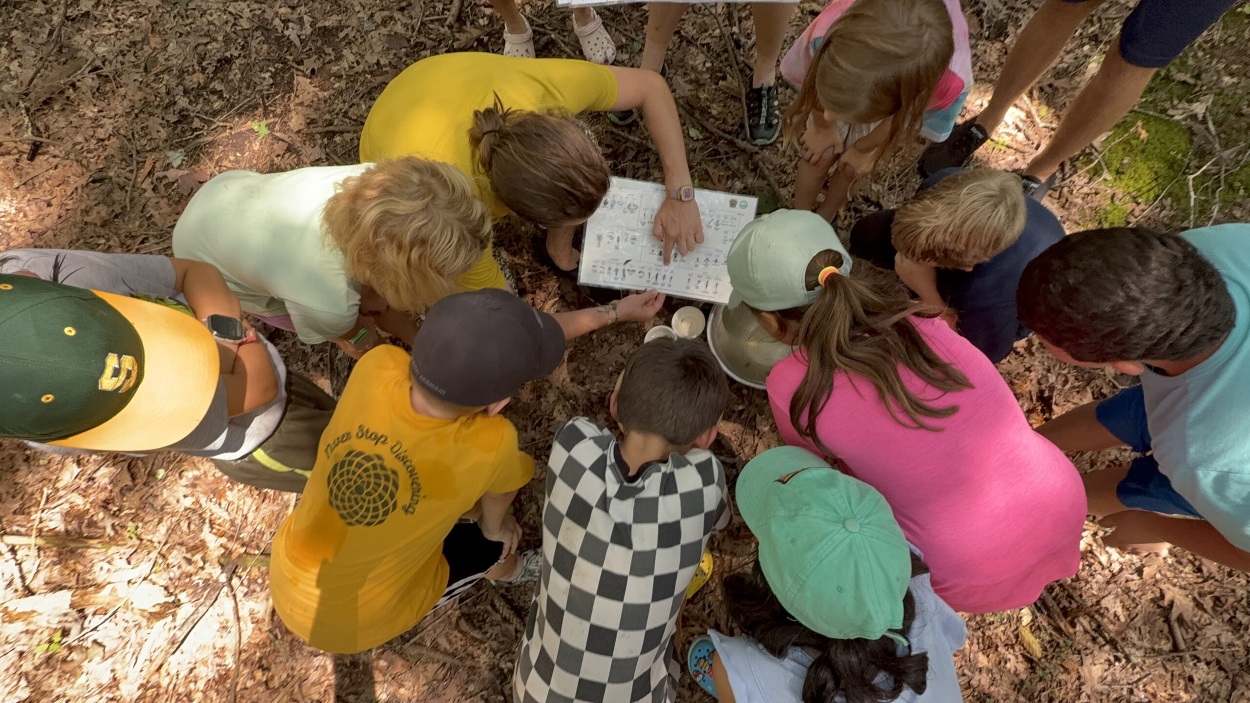 A group of kids gathered around in a circle, looking down at a notebook on the ground