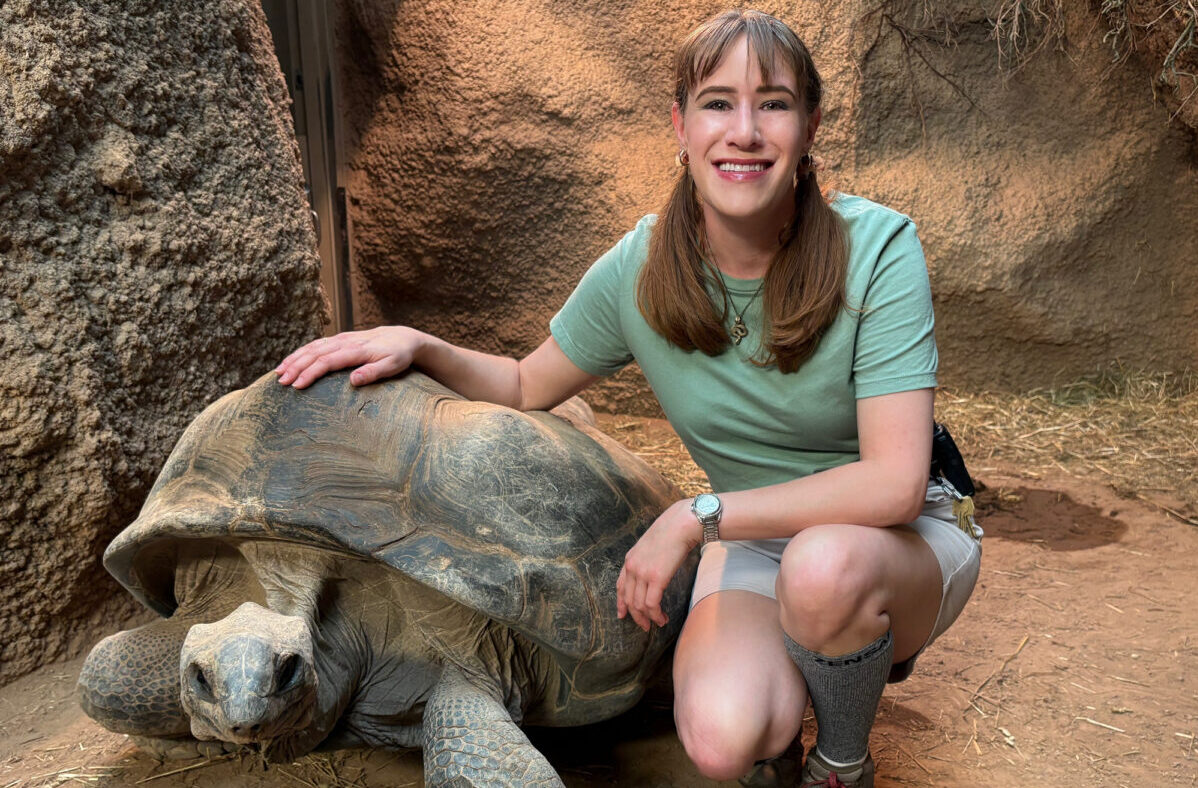 Alissa posing with a giant tortoise.
