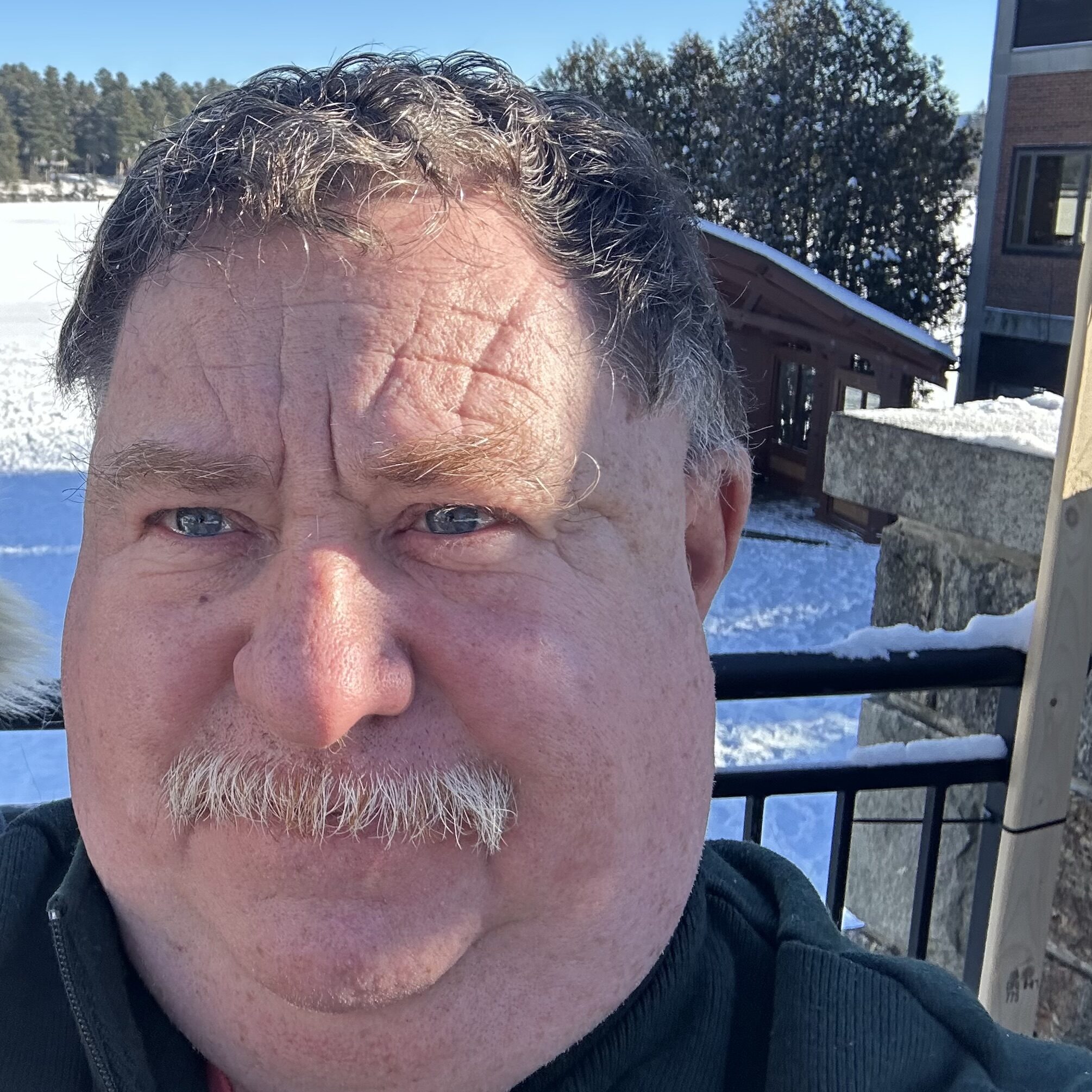 A closeup of George on an icy deck with snow in the background.
