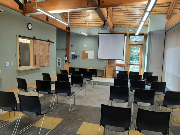 Hamer Creekside Classroom set up with chairs facing the front of the classroom. No tables.